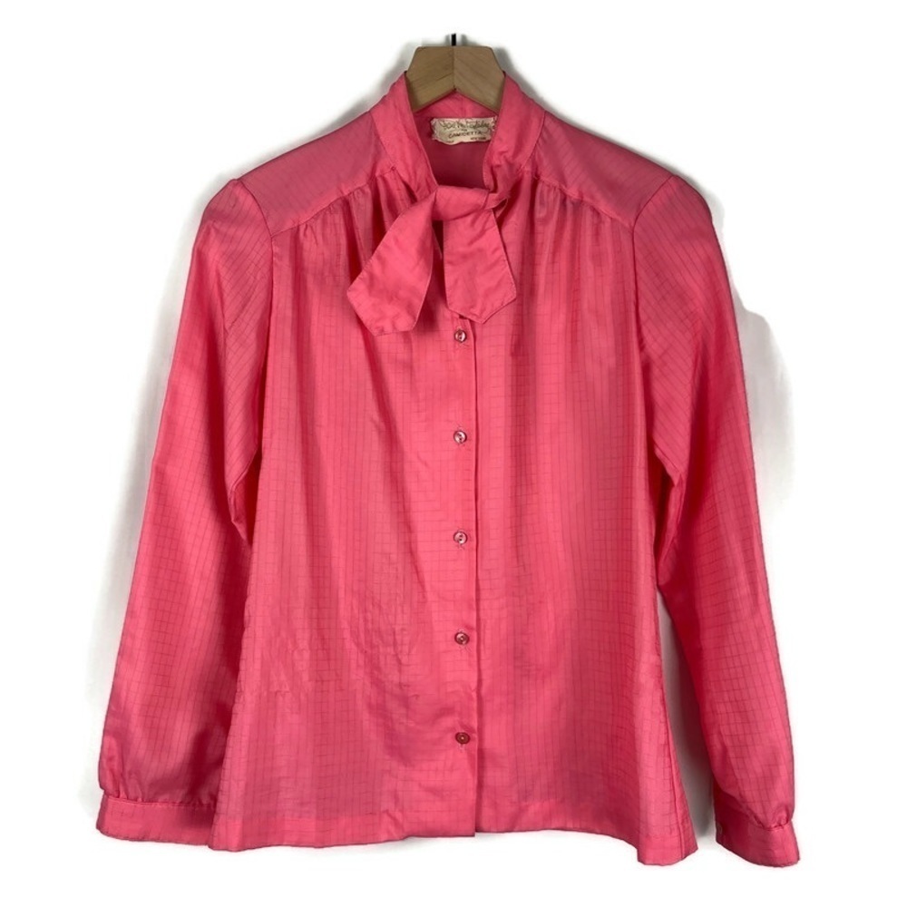 Vintage DIANE VON FURSTENBERG 70s Peachy Pink Grid Mini Bow Blouse Top 6